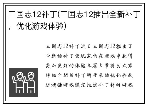 三国志12补丁(三国志12推出全新补丁，优化游戏体验)